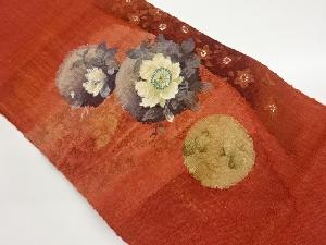 手織り真綿紬丸文に実・草花模様織出し名古屋帯